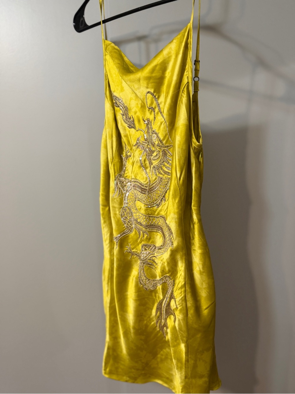Urban Outfitters Yellow Satin Slip Dress with Embroidered Dragon